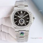 TW Factory V2 Replica Patek Philippe MOON Nautilus Greyish Black Face with Baguettes